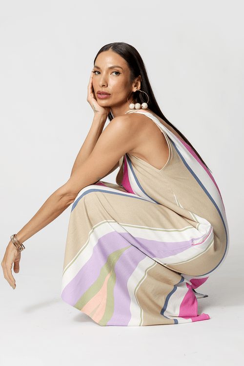 Vestido De Linho Com Alça Torçida Estampado - Kaki 90155