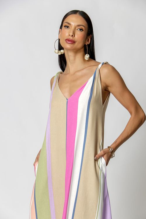 Vestido De Linho Com Alça Torçida Estampado - Kaki 90155