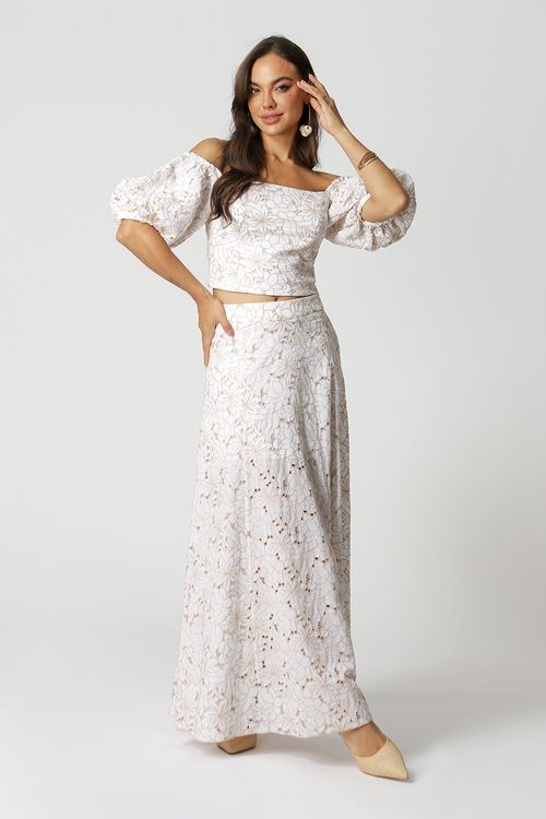 Blusa Ombro a Ombro Bordado Floral - Off White 90156