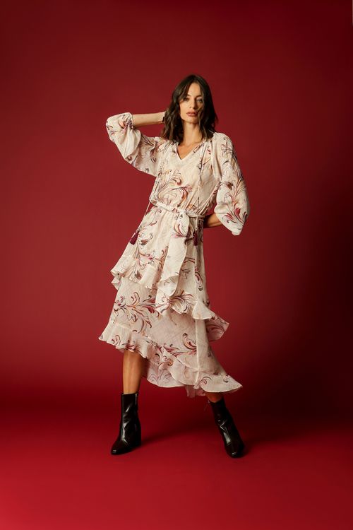 Vestido Estampado Com Babados - Areia 5028