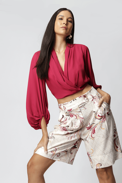 Blusa Transpassada Manga Longa Bufante - Vinho