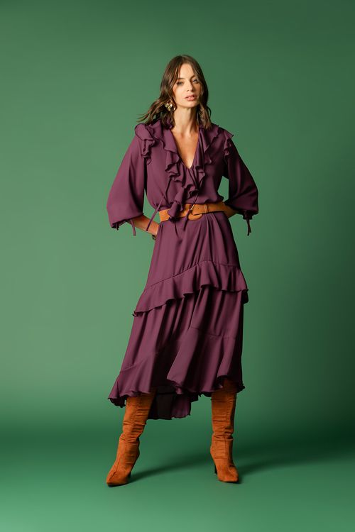 Vestido Com Babados - Vinho Esc