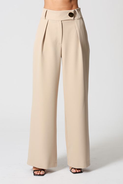 Calça Pantalona Cós Minimalista Com Botão Dourado - Areia