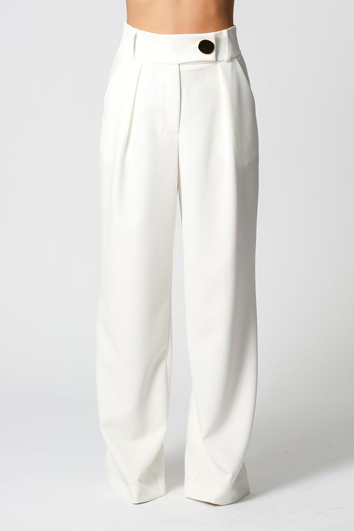 Calça Pantalona Cós Minimalista Com Botão Dourado - Off White
