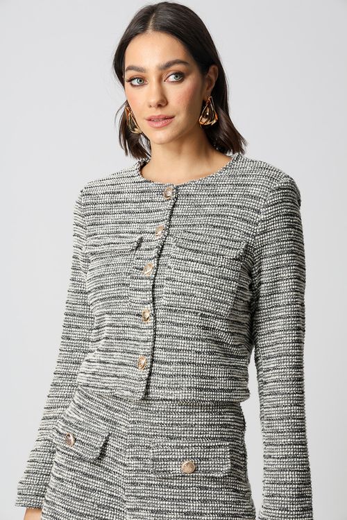Casaqueto De Tweed Com Gola Removível - Cinza 90164