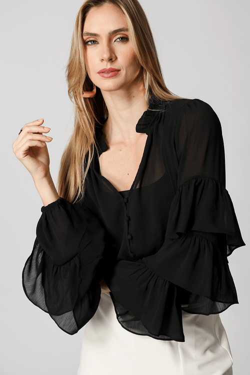 Blusa com Babados na Manga - Preto