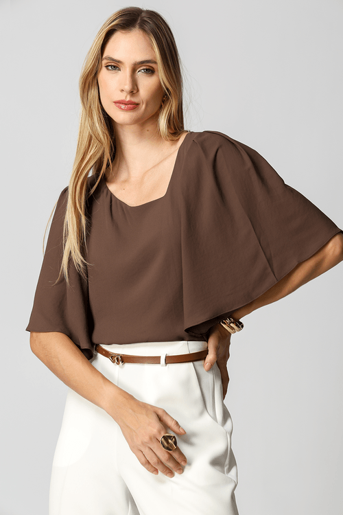 Blusa Manga Angel Decote Assimétrico - Cafe
