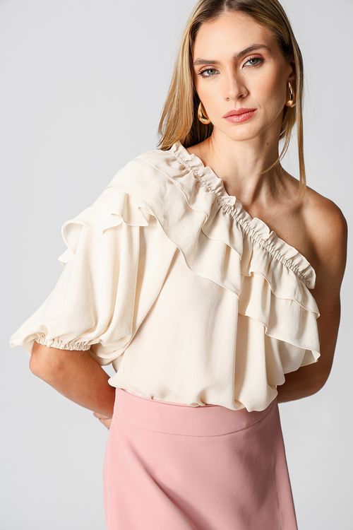 Blusa Um Ombro Só Com Babados - Cru