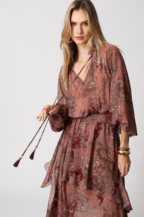 Vestido Estampado Com Babados - Goiaba 3079