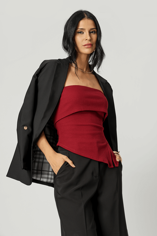 Blusa Strapless Com Fenda Na Barra - Vinho Esc