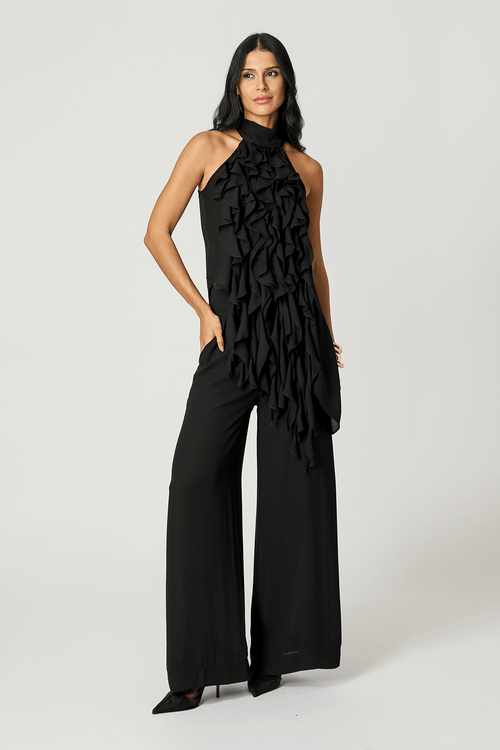 Blusa Com Babados e Gola Alta - Preto