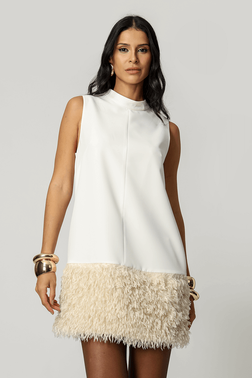 Vestido Sem Manga Com Plumas na Barra - Off White